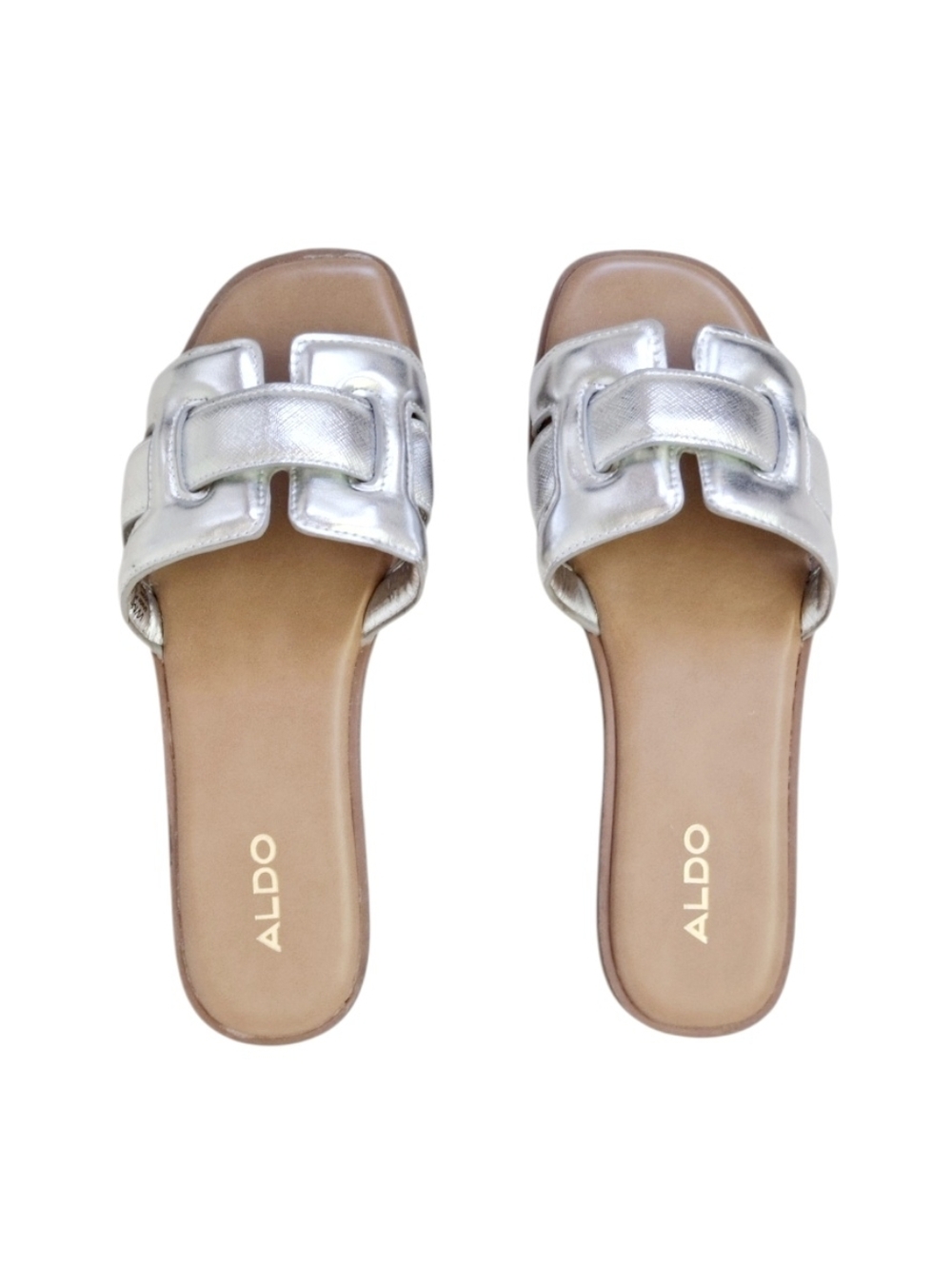 ALDO Silver Metallic Slide Sandals Square Toe Minimalist Size 6 NWOT